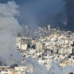 Destroyed buildings and smoke in Beirut’s southern suburbs following Israeli airstrikes during the escalating Middle East war.