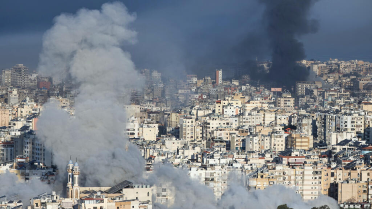 Destroyed buildings and smoke in Beirut’s southern suburbs following Israeli airstrikes during the escalating Middle East war.